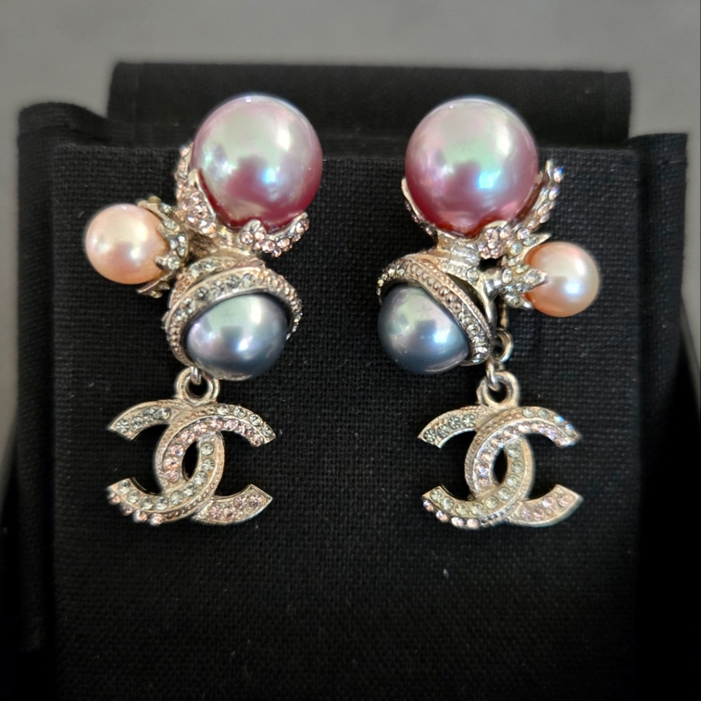 Chanel 2013 Spring Palladium Multicolor Strass and Faux Pearl Drop CC Earrings
